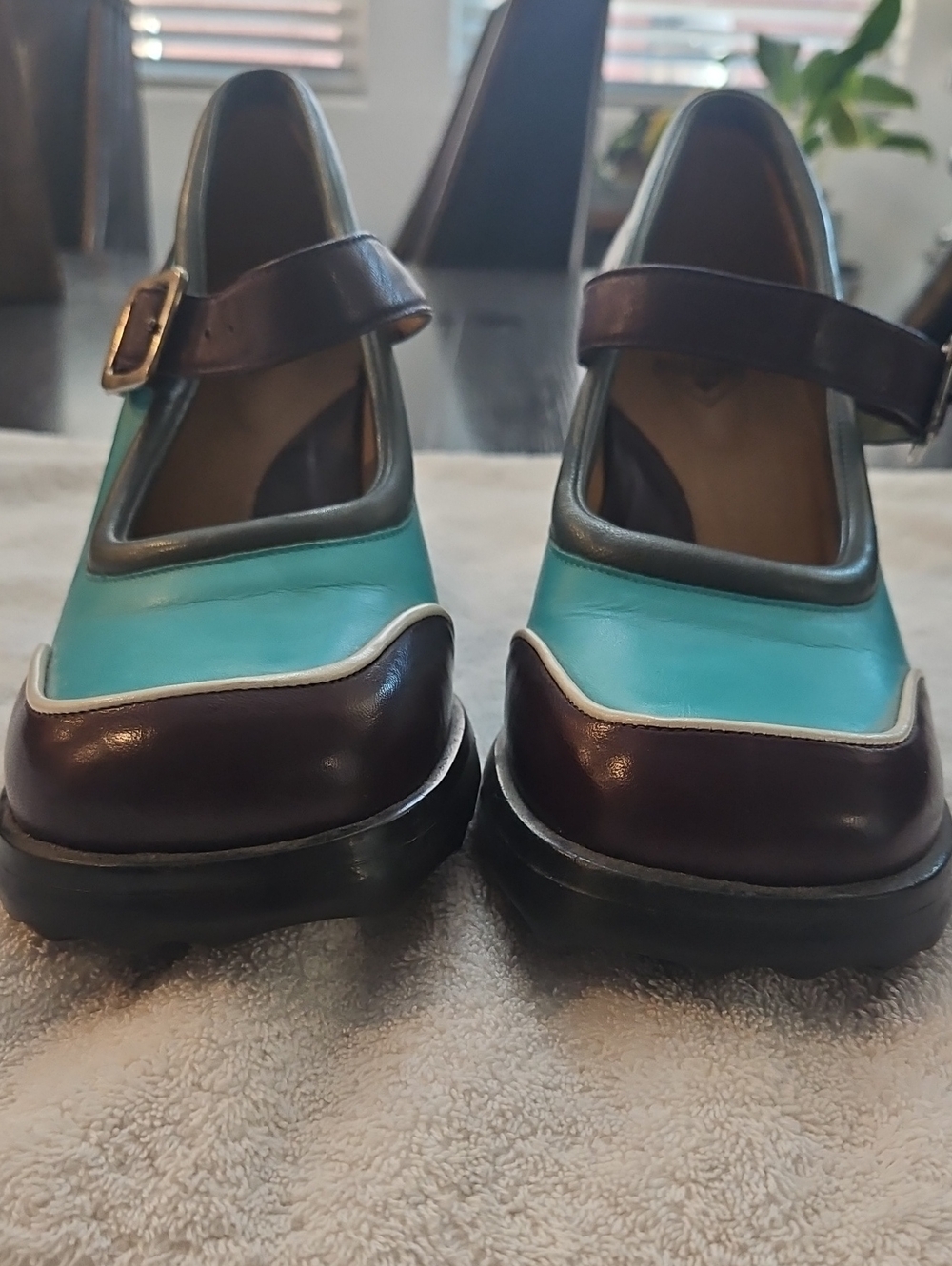 John Fluevog Aqua & Purple Mini gorgouse Mary Jane Heels Sz 10 - Picture 6 of 9